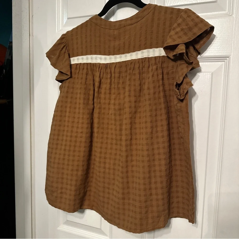 Bohme M Button Neck Pintuck Brown Cream  Cotton Flutter Sleeve Boho Blouse - Picture 5 of 5